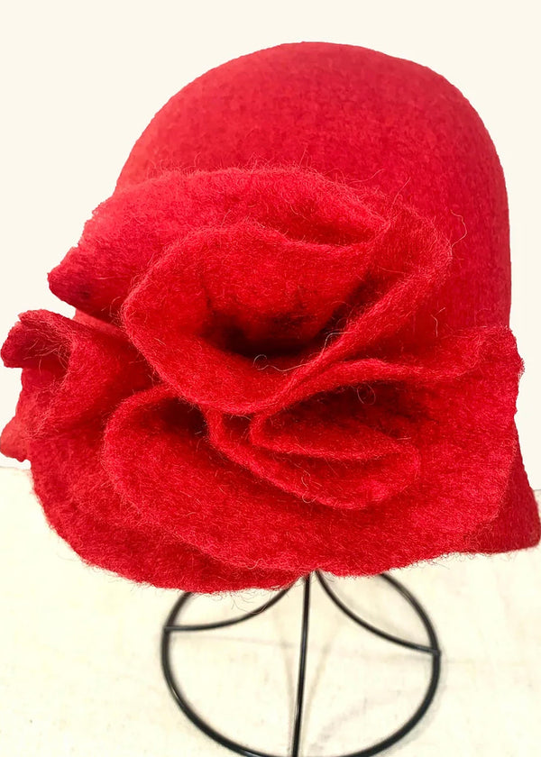 Pomegranate Moon: Vintage style Wool Hat - Red hat with red flower - Jilly's Socks 'n Such