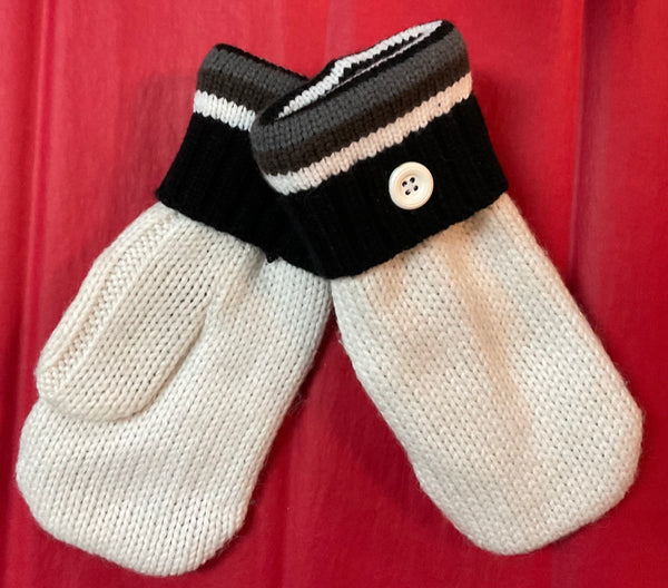 Recycled Sweater Mittens- “White with black, brown, gray band” - Jilly's Socks 'n Such