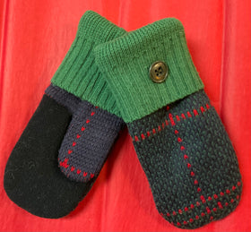 Recycled Sweater Mittens- “Navy/Green plaid with solid palms”