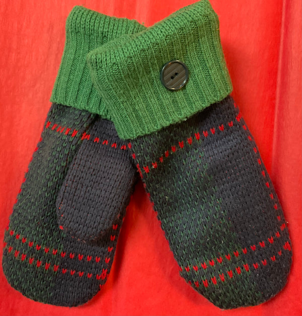 Recycled Sweater Mittens- “Navy/Green plaid” - Jilly's Socks 'n Such