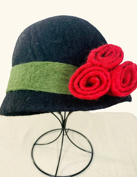 Pomegranate Moon: Vintage style Wool Hat - black cloche with green belt & red rose