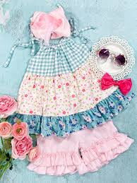 Sage Gingham & Floral Tiered Dress - Hair Bow Company - Jilly's Socks 'n Such