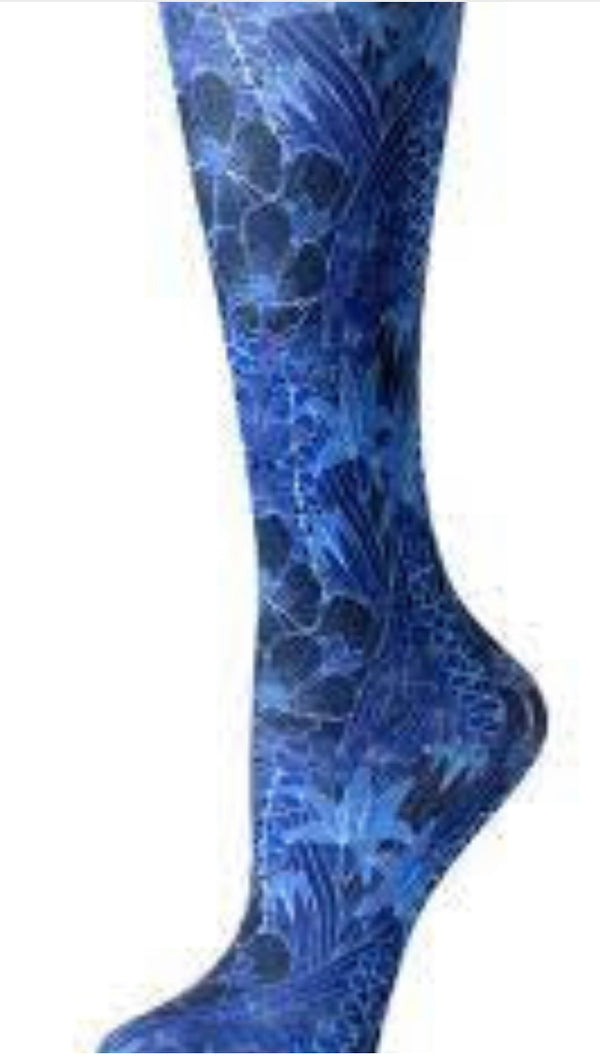 10-18 mmHg wide calf Compression Socks- Blue flowers - Jilly's Socks 'n Such