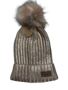 Women’s Rose Gold Metalic Plush Lined Basket Weave Winter Hats with Fur Pom