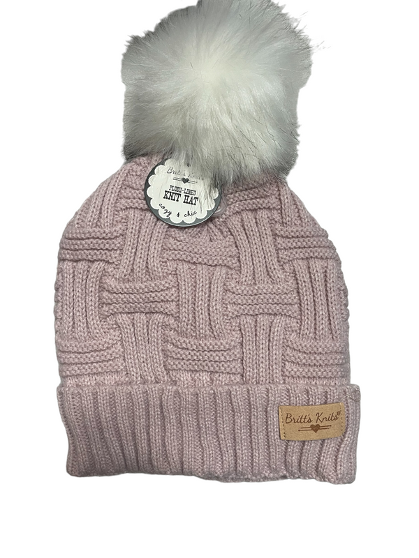 Women’s pink Plush Lined Basket Weave Winter Hats with Fur Pom - Jilly's Socks 'n Such