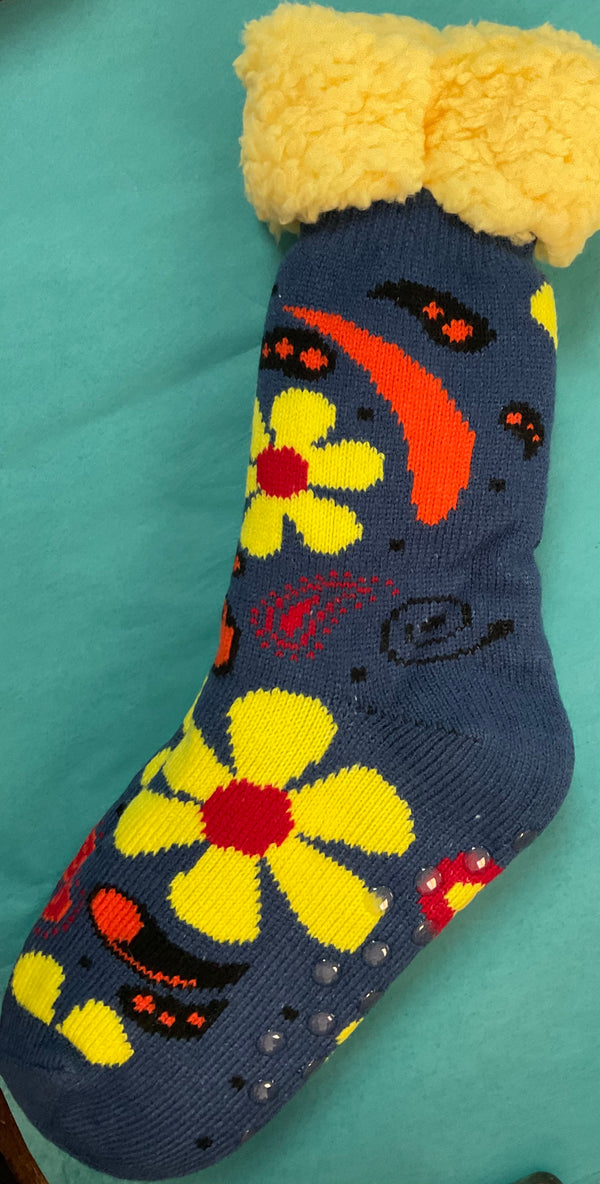 Snoozies! Women’s Flower Power Sherpa Lined Socks- denim blue background - Jilly's Socks 'n Such