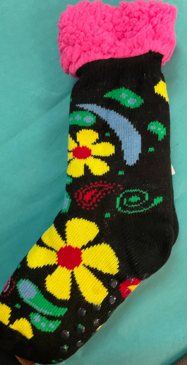 Snoozies! Women’s Flower Power Sherpa Lined Socks- black background - Jilly's Socks 'n Such