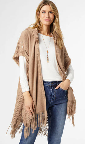 Coco+Carmen Eloise Hooded Ruana with Frayed Fringe-4 colors