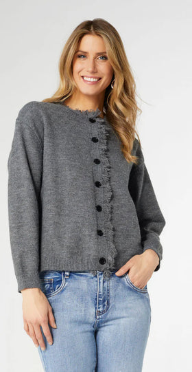 Coco+Carmen Celleste Button Front Cardigan with Fringe - Charcoal