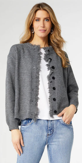 Coco+Carmen Celleste Button Front Cardigan with Fringe - Charcoal