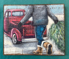 Red Truck with tree holiday block sign