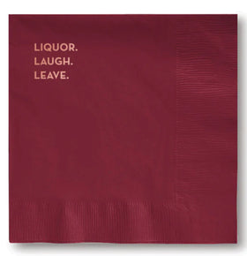 “Liquor. Laugh. Leave.” cocktail napkins 20 count-red
