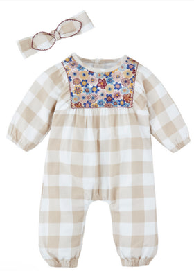 NEUTRAL CHECK FLORAL BABY LONGALL AND HEADBAND SET