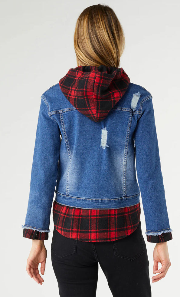 Coco + Carmen OMG Hooded Denim Jacket with Plaid Trim