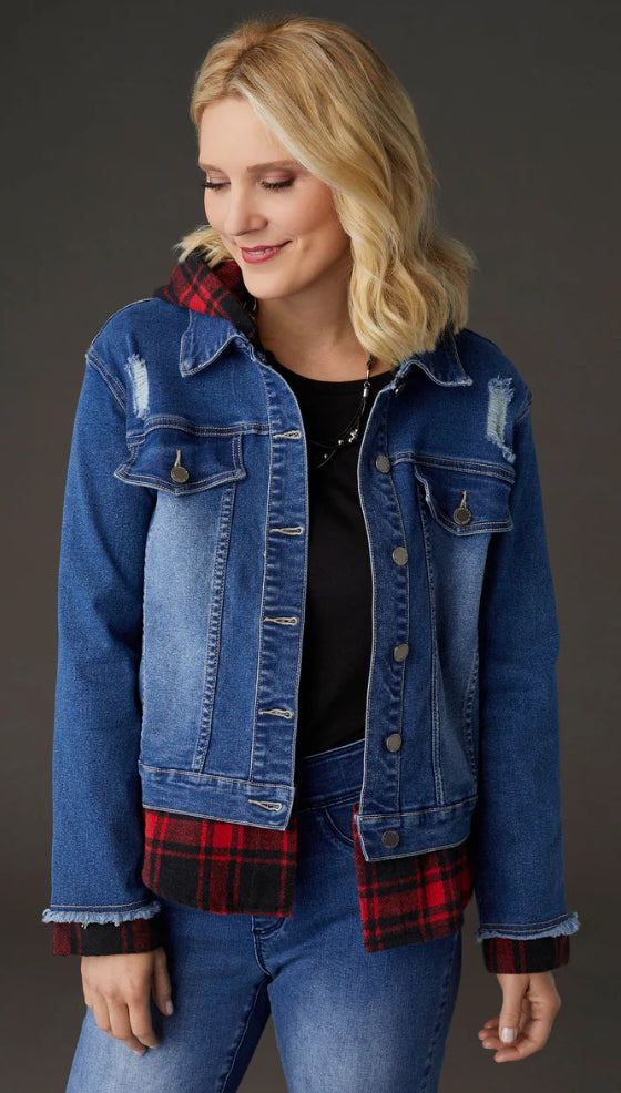 Coco + Carmen OMG Hooded Denim Jacket with Plaid Trim