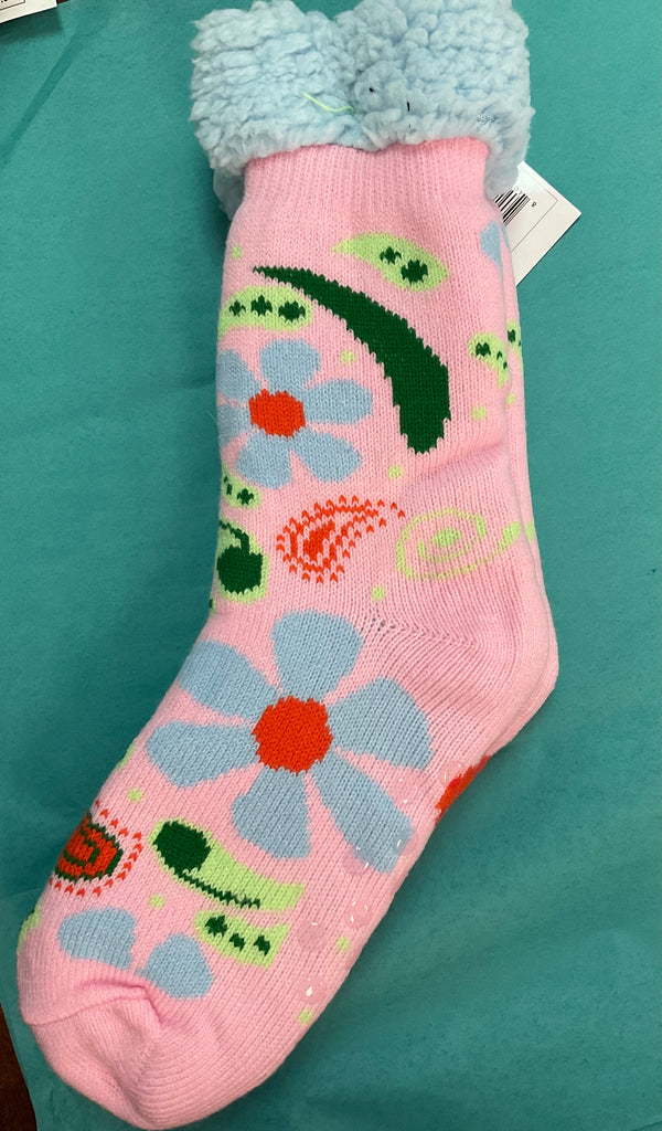Snoozies! Women’s Flower Power Sherpa Lined Socks- pink background - Jilly's Socks 'n Such