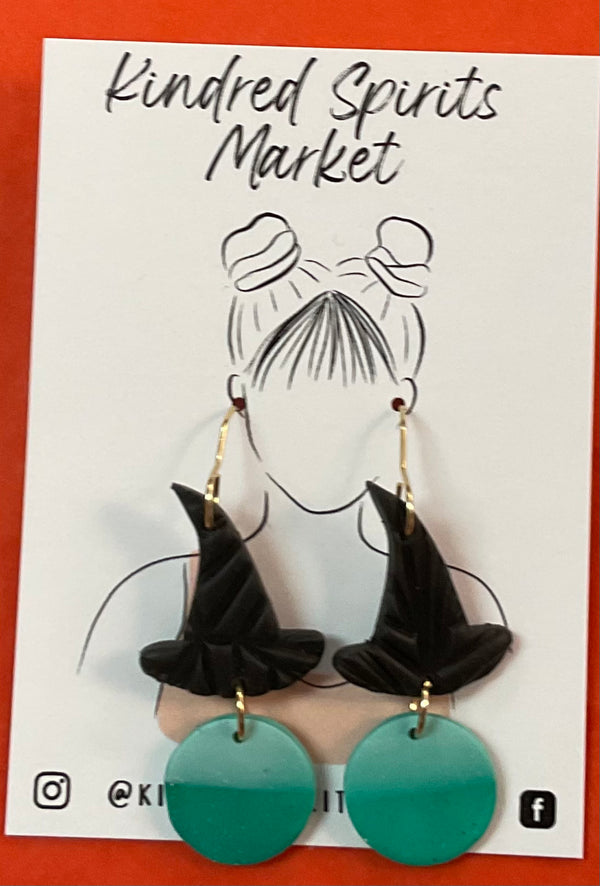 Kindred Spirits Market Earrings Style 2005 - witch hat over turquoise orb - Jilly's Socks 'n Such