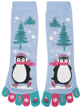 Festive Holiday Non-Skid Toe Socks- “Skating Penguin”