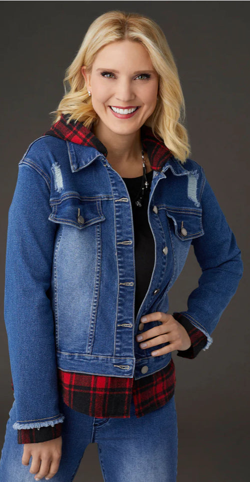 Coco + Carmen OMG Hooded Denim Jacket with Plaid Trim