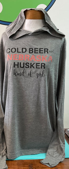 “Nebraska” cold beer long sleeve hoodie t-shirt-heather gray