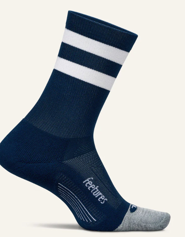 Elite Light cushion Mini Crew socks by Feetures “Navy High Top Stripe”