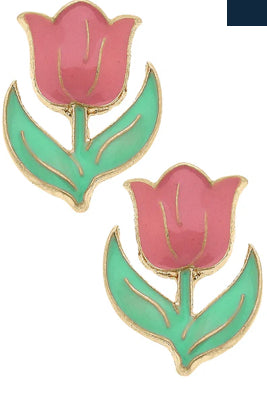Pink Tulip Enamel Stud Earrings