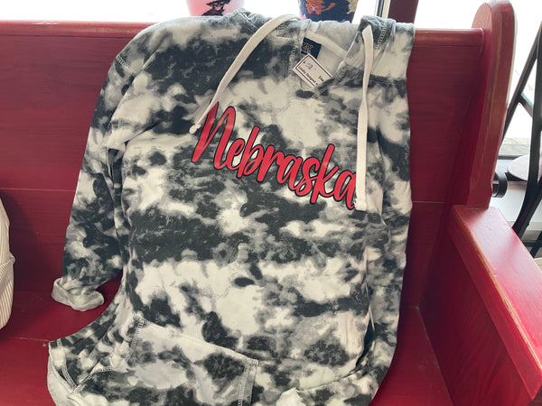 Women’s Black and White tie dye  Long Sleeve “Nebraska” script Hoodie - Jilly's Socks 'n Such