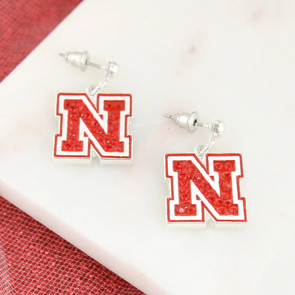 Nebraska Crystal Logo Earrings - Jilly's Socks 'n Such
