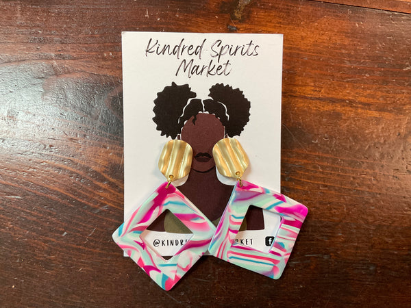 Kindred Spirits Market Earrings Style 913 - pink and turquoise squares - Jilly's Socks 'n Such
