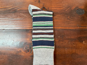 Men’s gray sock with blue, green & maroon stripes