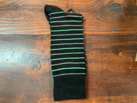 Men’s black sock with small green & gray stripes
