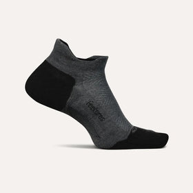 Elite Max cushion no show socks by Feetures- “Gray with black toe/heel”