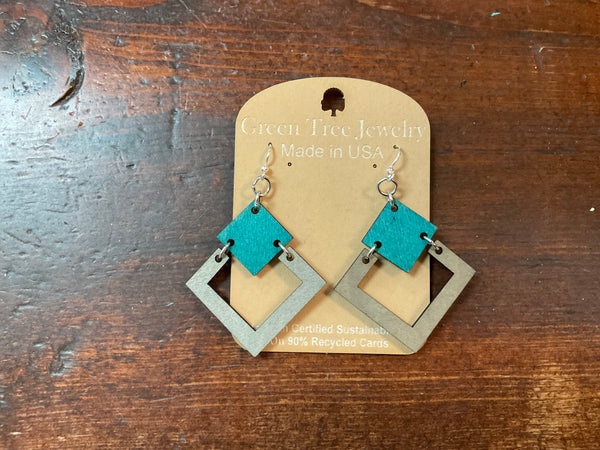 Abstract Teal Silver Square Earrings