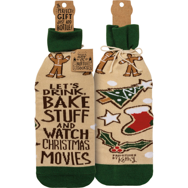 “Drink, Bake Stuff & Watch Christmas Movies” Wine Bottle Sock - Jilly's Socks 'n Such