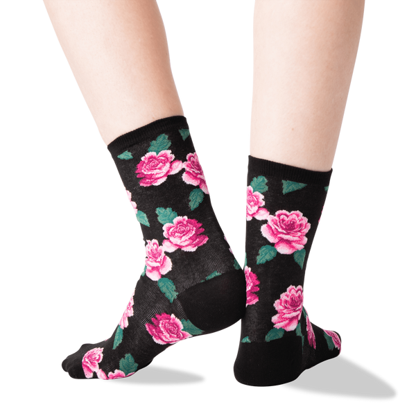 Women’s Pink Roses Black Socks - Jilly's Socks 'n Such