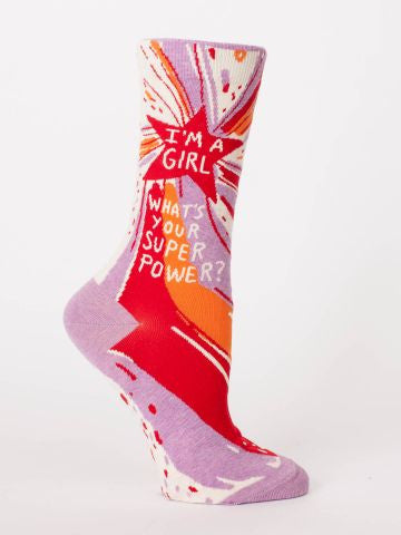 Women’s Blue Q-I'm A Girl What’s Your Super Power! Socks - Jilly's Socks 'n Such