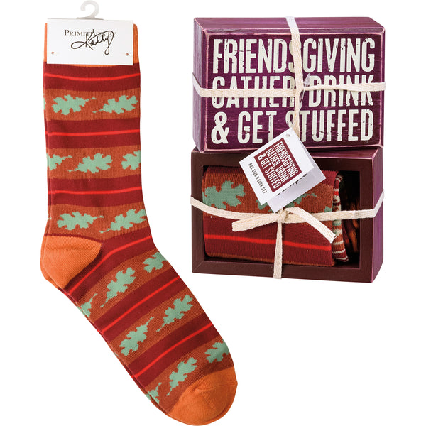 “Gather Drink & Get Stuffed” Box Sign and Sock Set - Jilly's Socks 'n Such