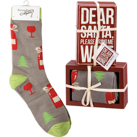 “Dear Santa, Please Bring Me Wine” Box Sign & Sock Set