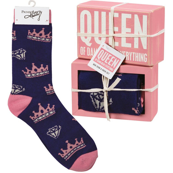 “Queen Of Damn Near Everything” - Box Sign and Sock Set - Jilly's Socks 'n Such