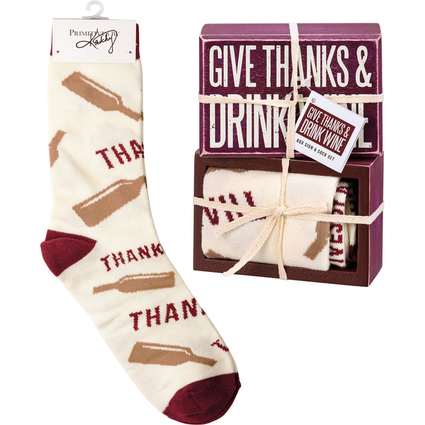 “Give Thanks & Drink Wine” Box Sign and Sock Set - Jilly's Socks 'n Such