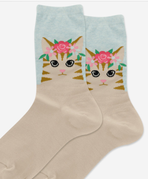 Women’s Cat Flower Tan Socks - Jilly's Socks 'n Such