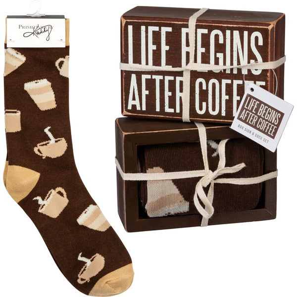 “Life Begins After Coffee” - Box Sign and Sock Set - Jilly's Socks 'n Such