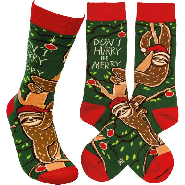 “Don’t Hurry, Be Merry” Christmas Sloth Socks - One Size - Jilly's Socks 'n Such
