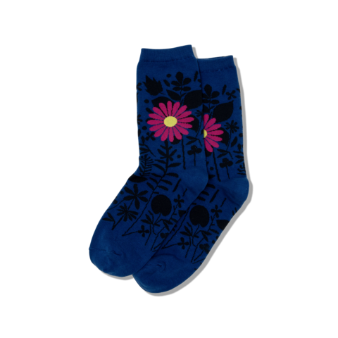 Women’s Pink Flower Daisy Blue Socks - Jilly's Socks 'n Such