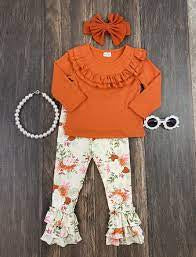 Orange Ruffle Shirt & Floral Leggings for little girls - Hair Bow Company