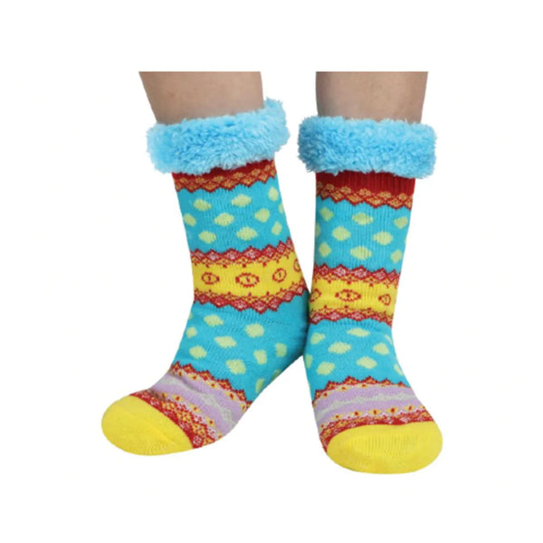 Snoozies! Women’s Happy Family Sherpa Lined Socks- Blue/Yellow - Jilly's Socks 'n Such