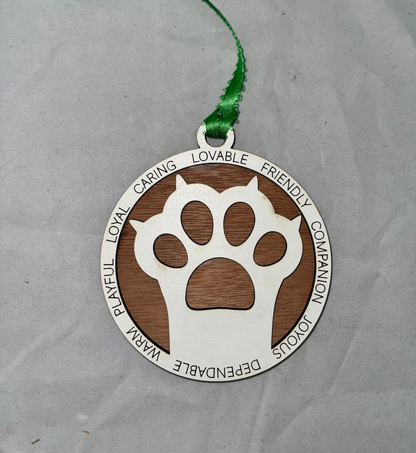 Paw Print w/ Words Locally Made Laser Cut Wooden Ornament - Jilly's Socks 'n Such