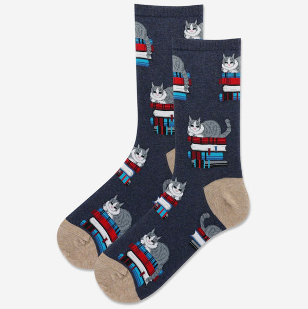 Women’s Cats on Books Socks  - Denim Blue - Jilly's Socks 'n Such