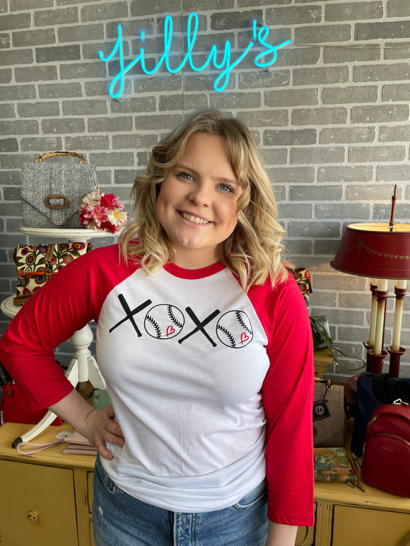 “X⚾️X⚾️” Baseball T-Shirt - white with red sleeves and neck