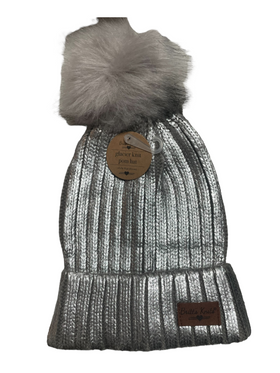 Women’s Silver Metalic Plush Lined Basket Weave Winter Hats with Fur Pom